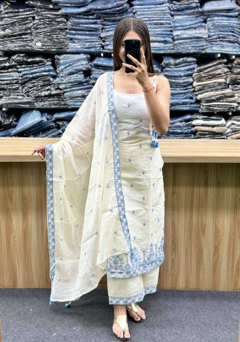 Off White Embroidery Silk Salwar Suit - Indya