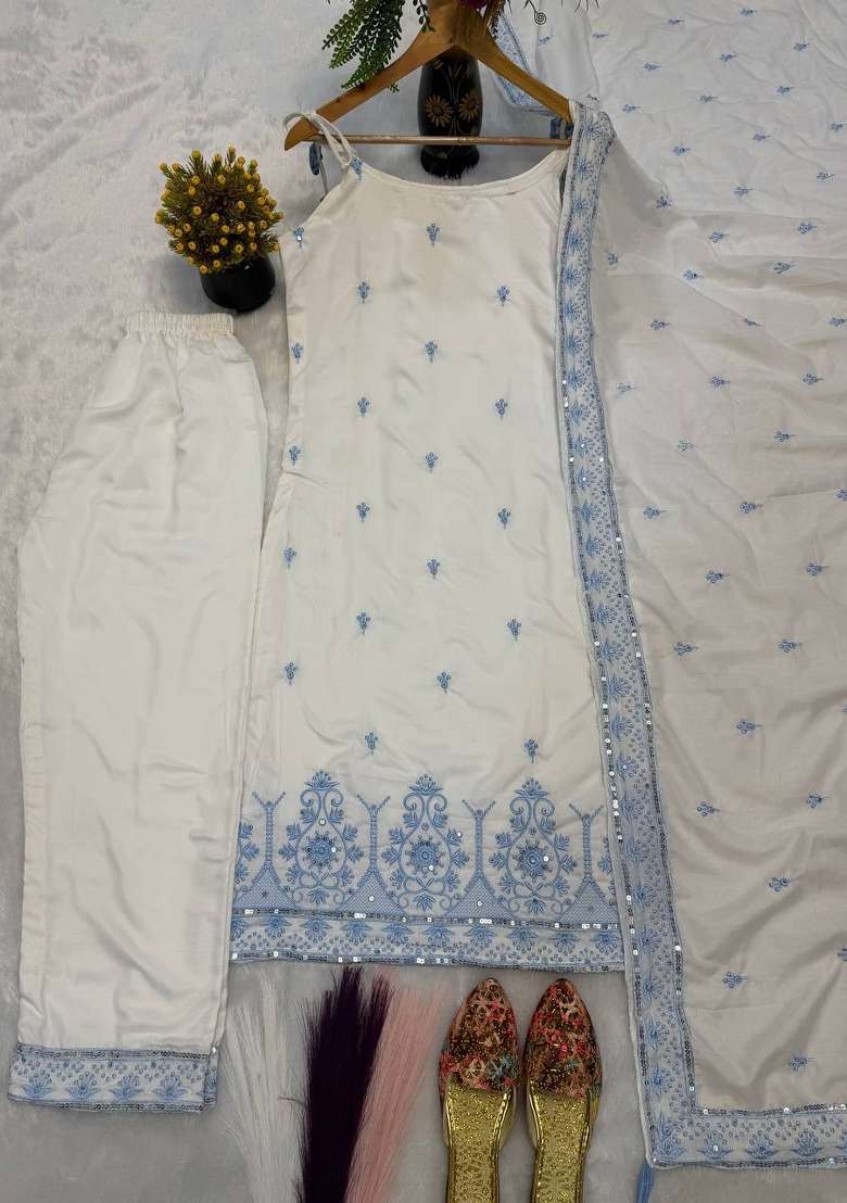 Off White Embroidery Silk Salwar Suit - Indya