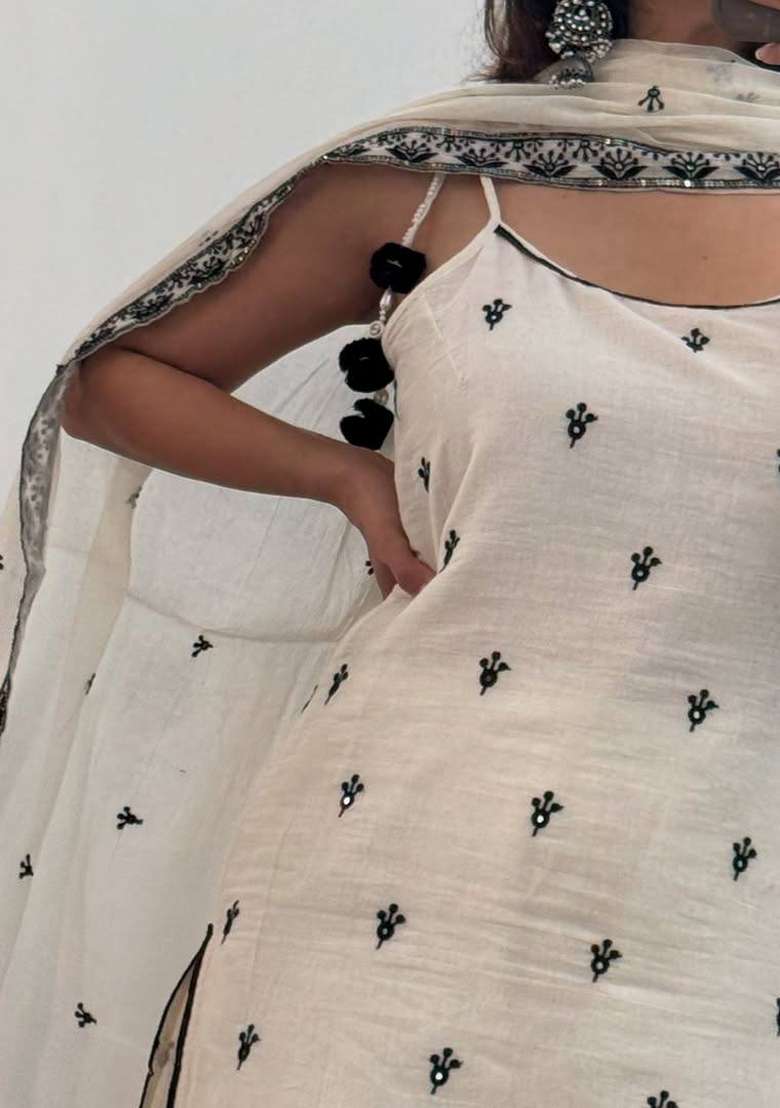 White Embroidery Silk Salwar Suit - Indya