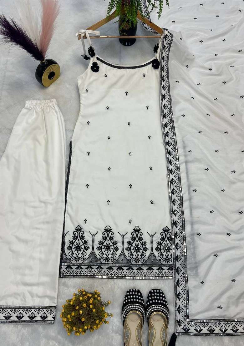 White Embroidery Silk Salwar Suit - Indya
