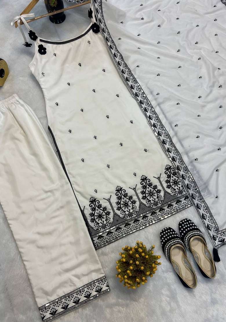 White Embroidery Silk Salwar Suit - Indya