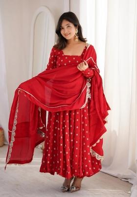 Red Embroidery Silk Anarkali Set