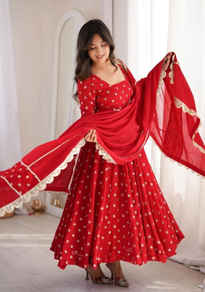 Red Embroidery Silk Anarkali Set - Indya