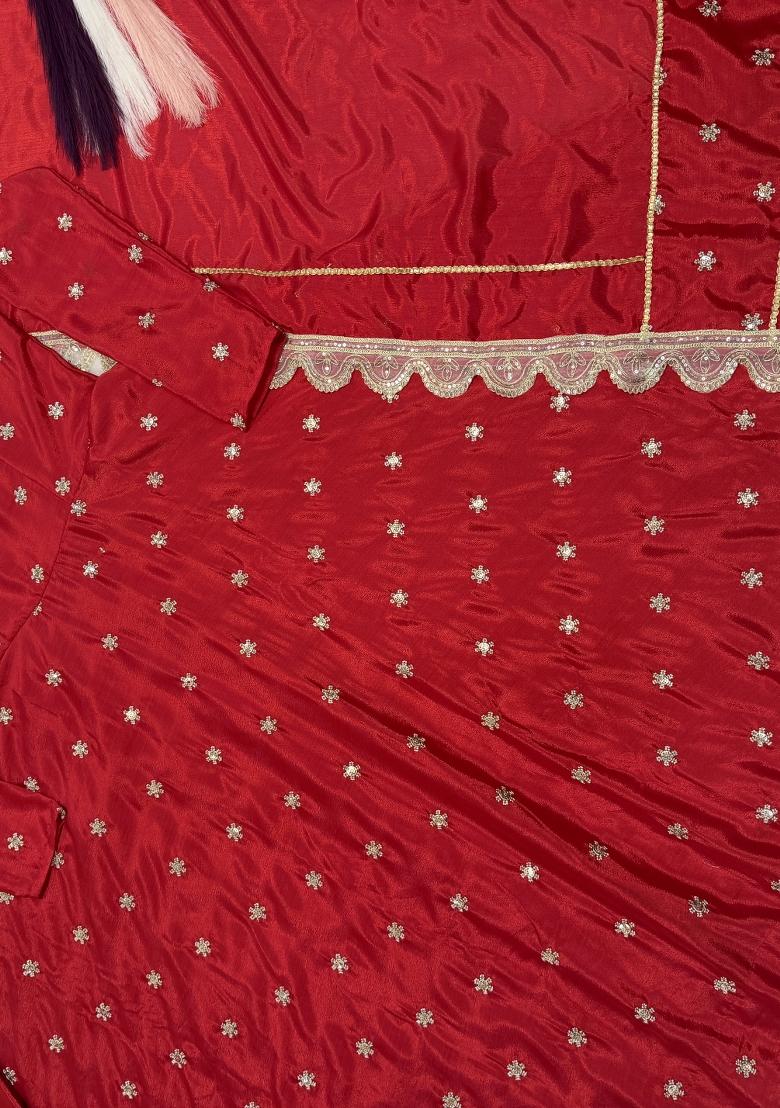 Red Embroidery Silk Anarkali Set - Indya