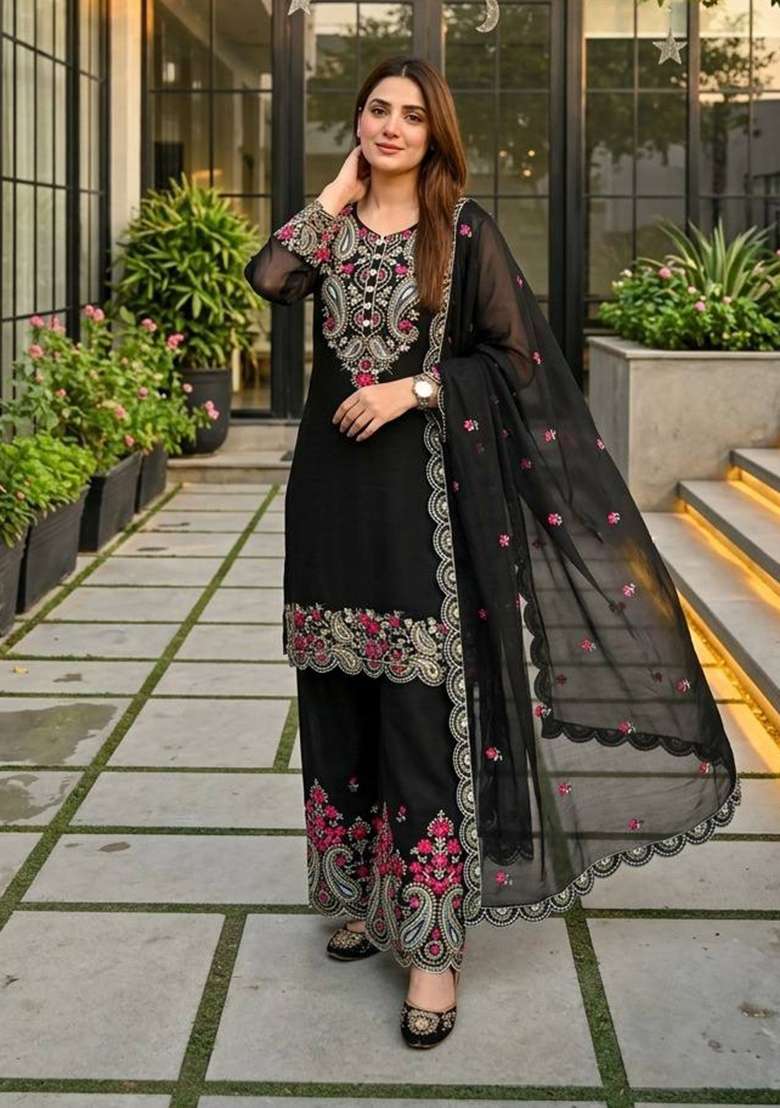 Black Embroidery Silk Salwar Suit - Indya