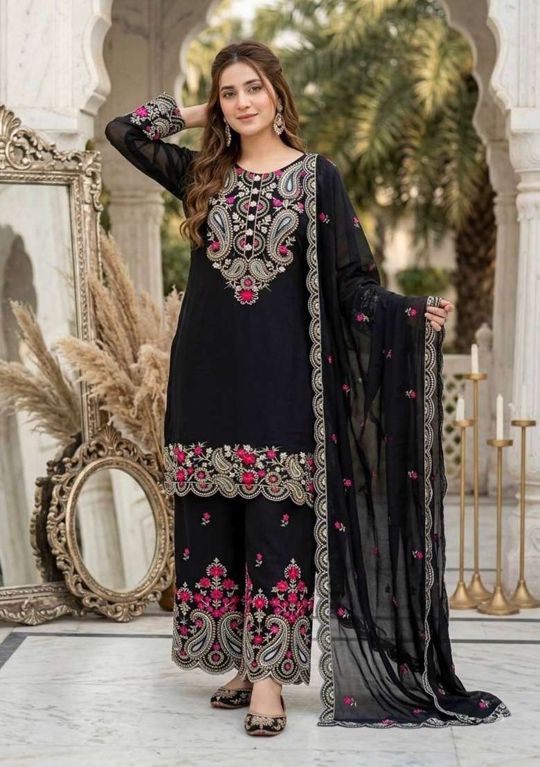 Black Embroidery Silk Salwar Suit - Indya