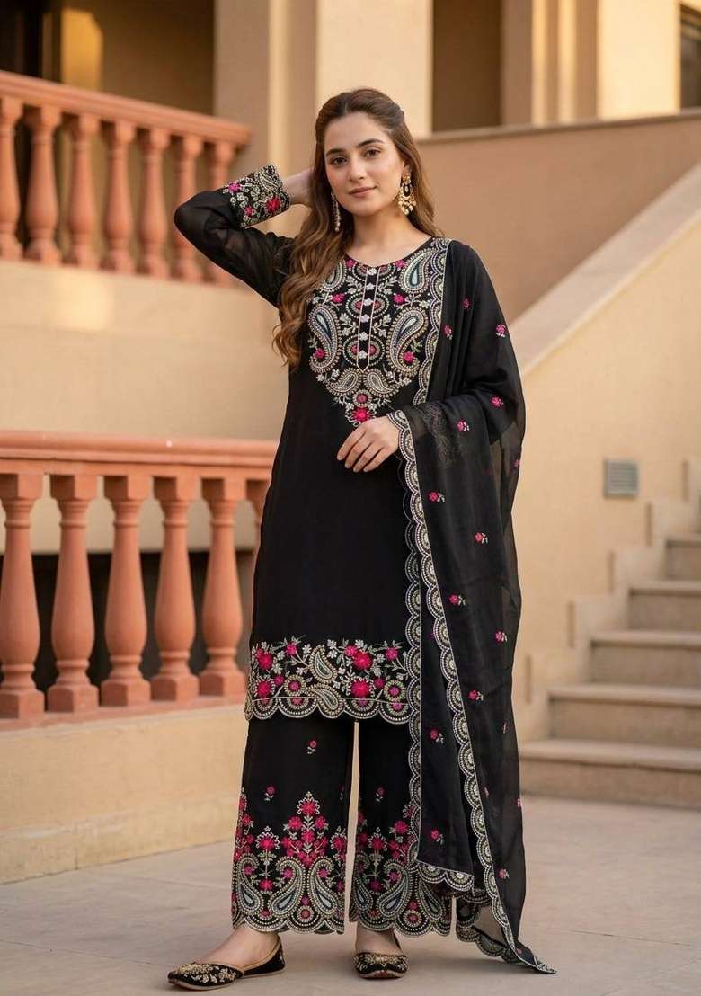 Black Embroidery Silk Salwar Suit - Indya