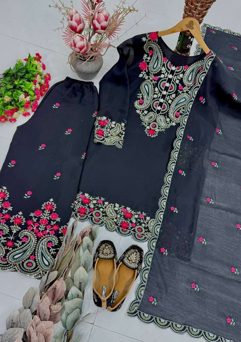 Black Embroidery Silk Salwar Suit - Indya
