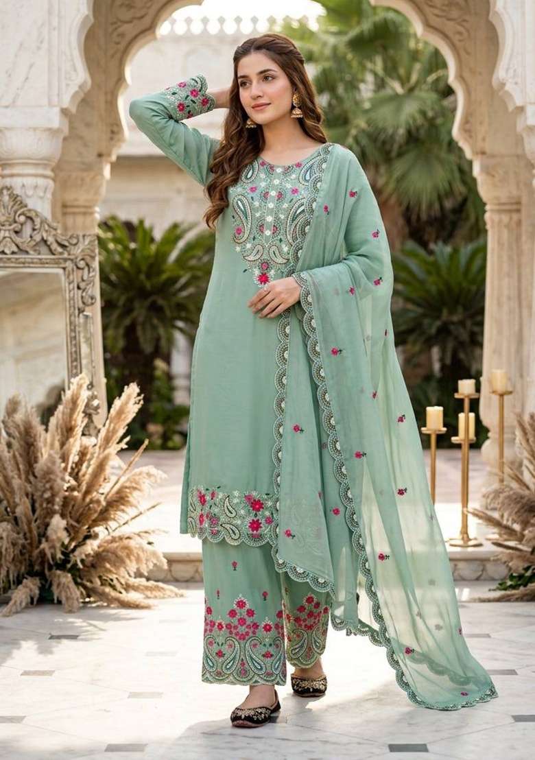 Rama Embroidery Silk Salwar Suit - Indya