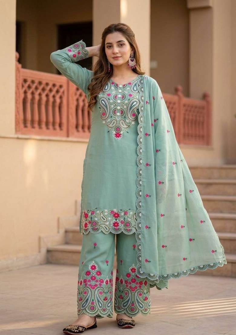 Rama Embroidery Silk Salwar Suit - Indya