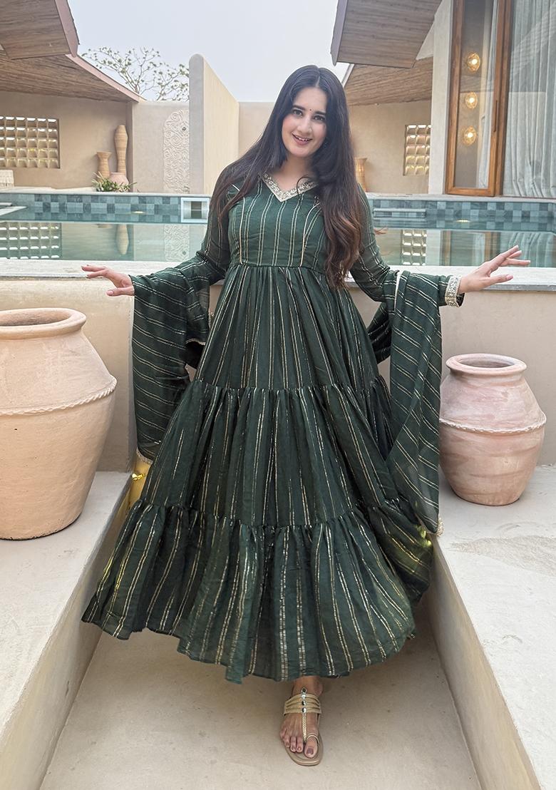 Green Embroidery Brocade Anarkali Set - Indya