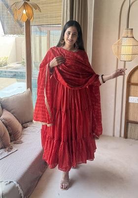 Red Embroidery Brocade Anarkali Set
