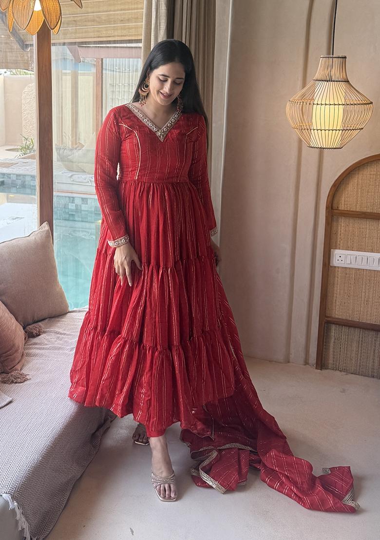 Red Embroidery Brocade Anarkali Set - Indya