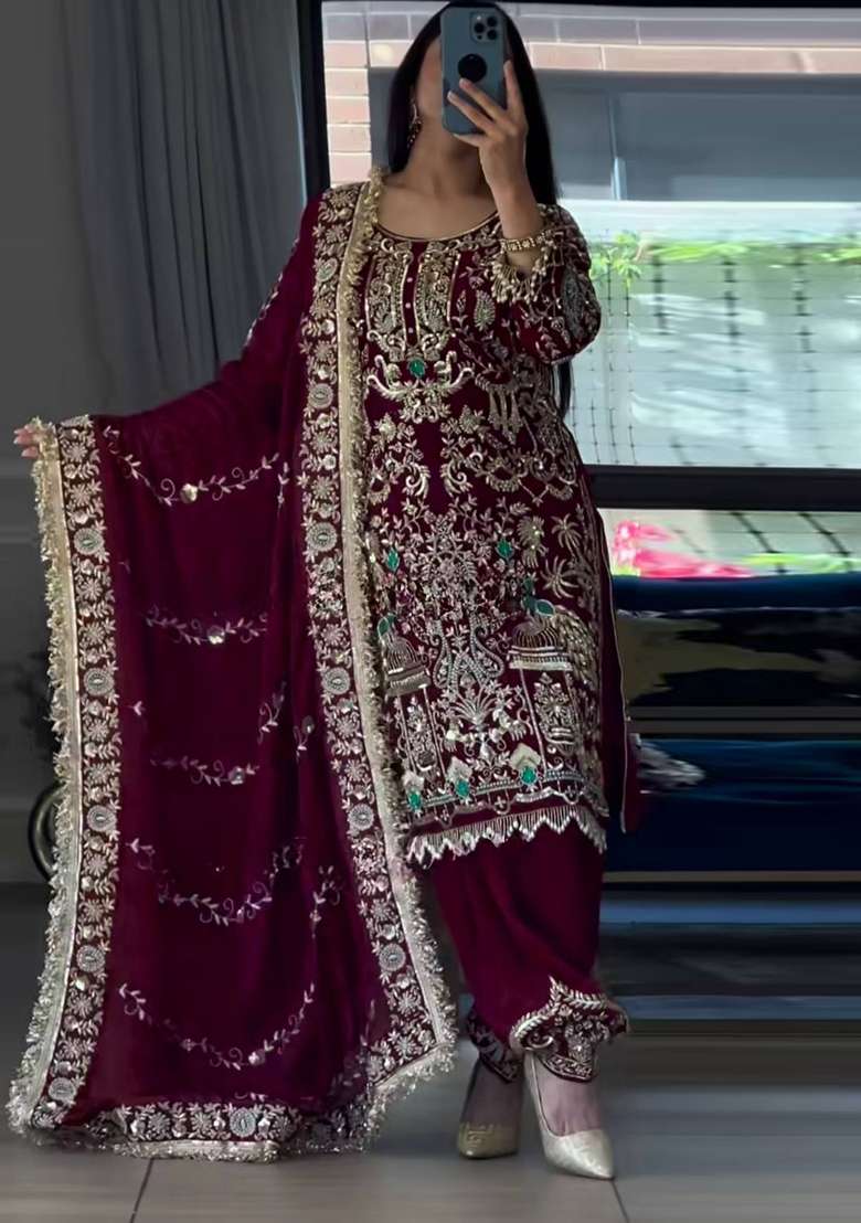 Red Embroidery Crepe Salwar Suit - Indya
