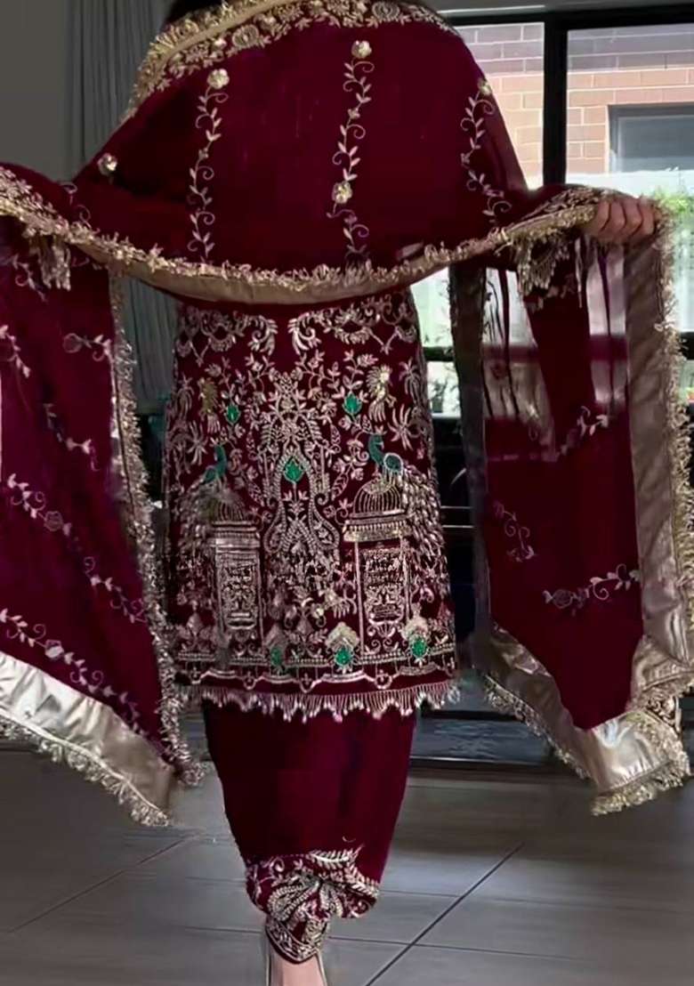 Red Embroidery Crepe Salwar Suit - Indya