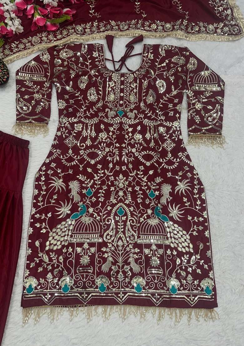 Red Embroidery Crepe Salwar Suit - Indya