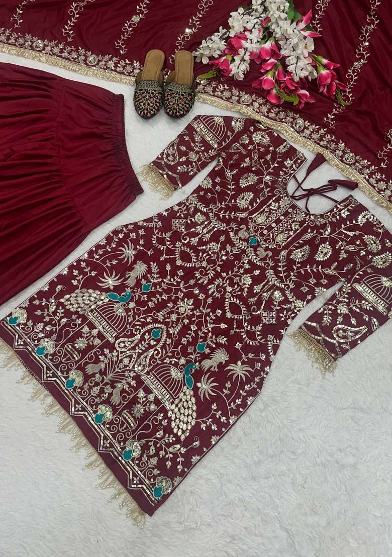 Red Embroidery Crepe Salwar Suit - Indya