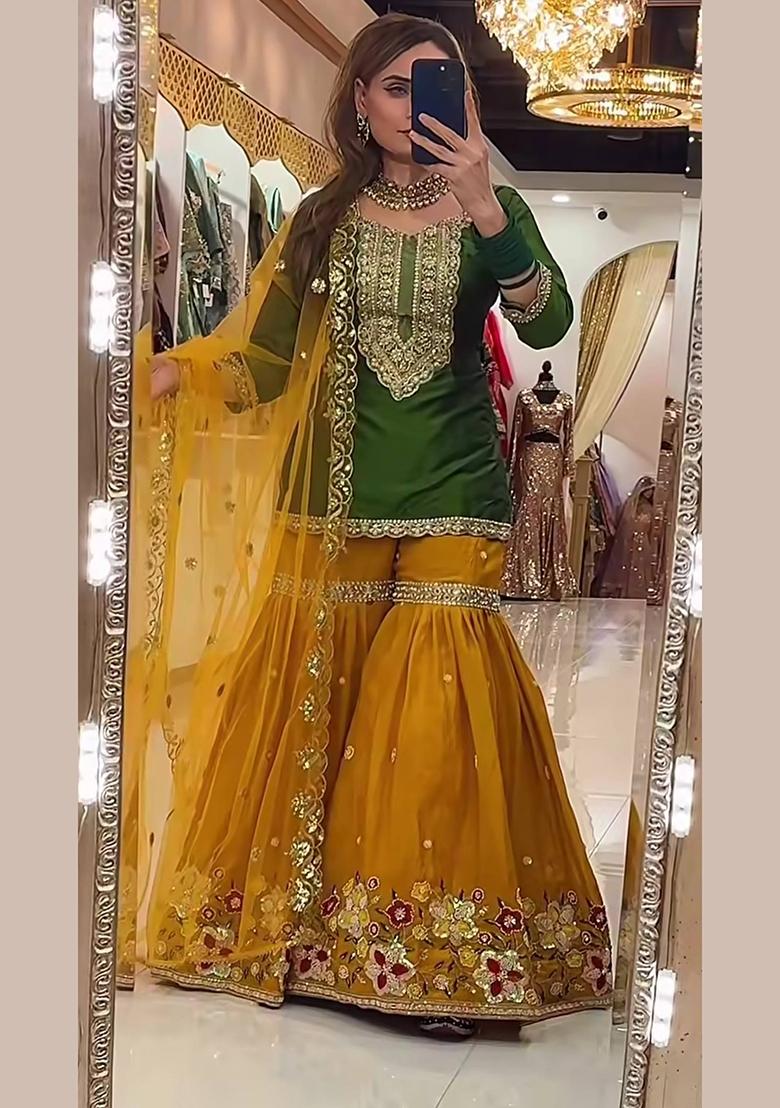 Green Embroidery Georgette Sharara Set - Indya