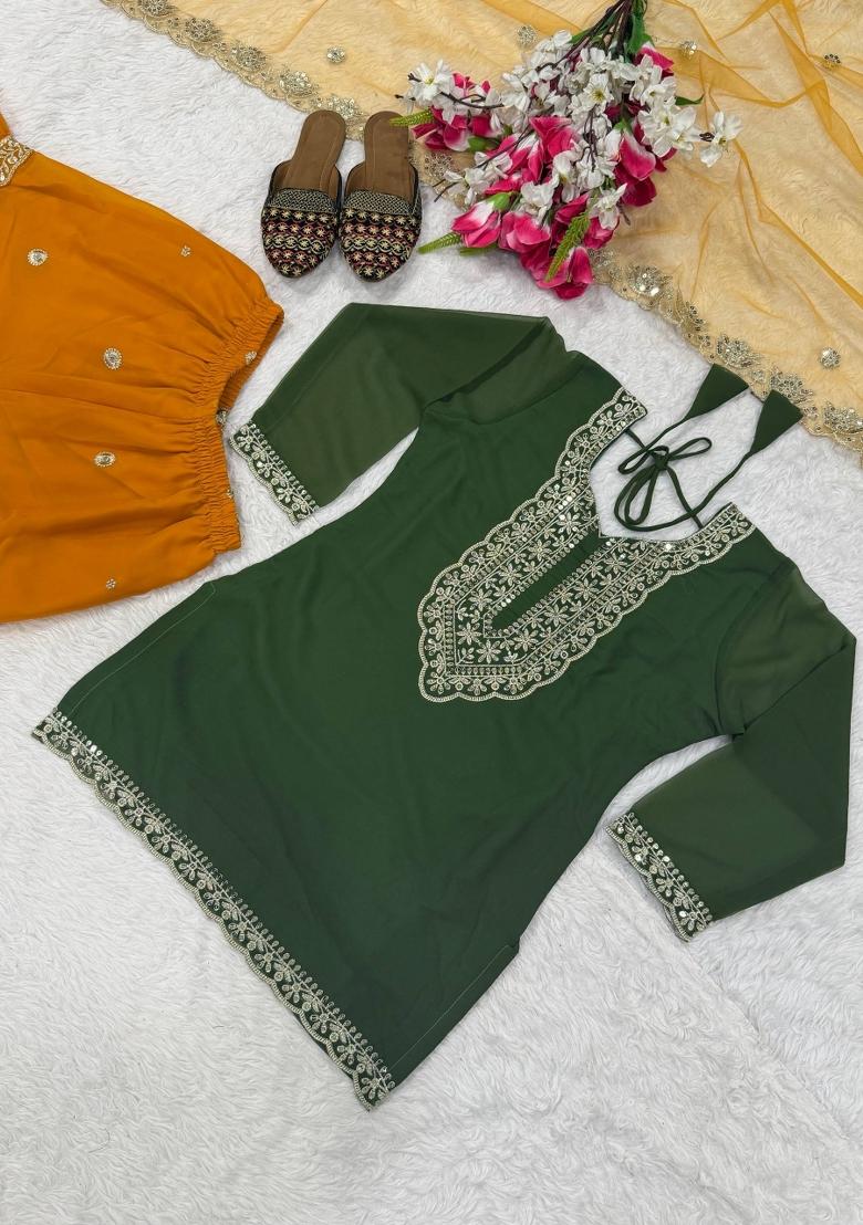 Green Embroidery Georgette Sharara Set - Indya