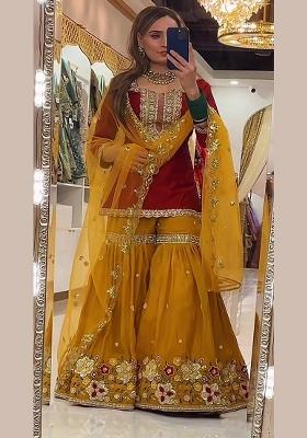 Red Embroidery Georgette Sharara Set