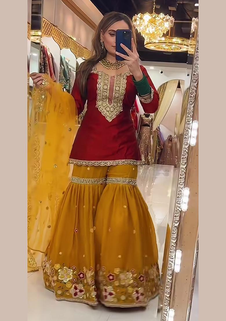 Red Embroidery Georgette Sharara Set - Indya