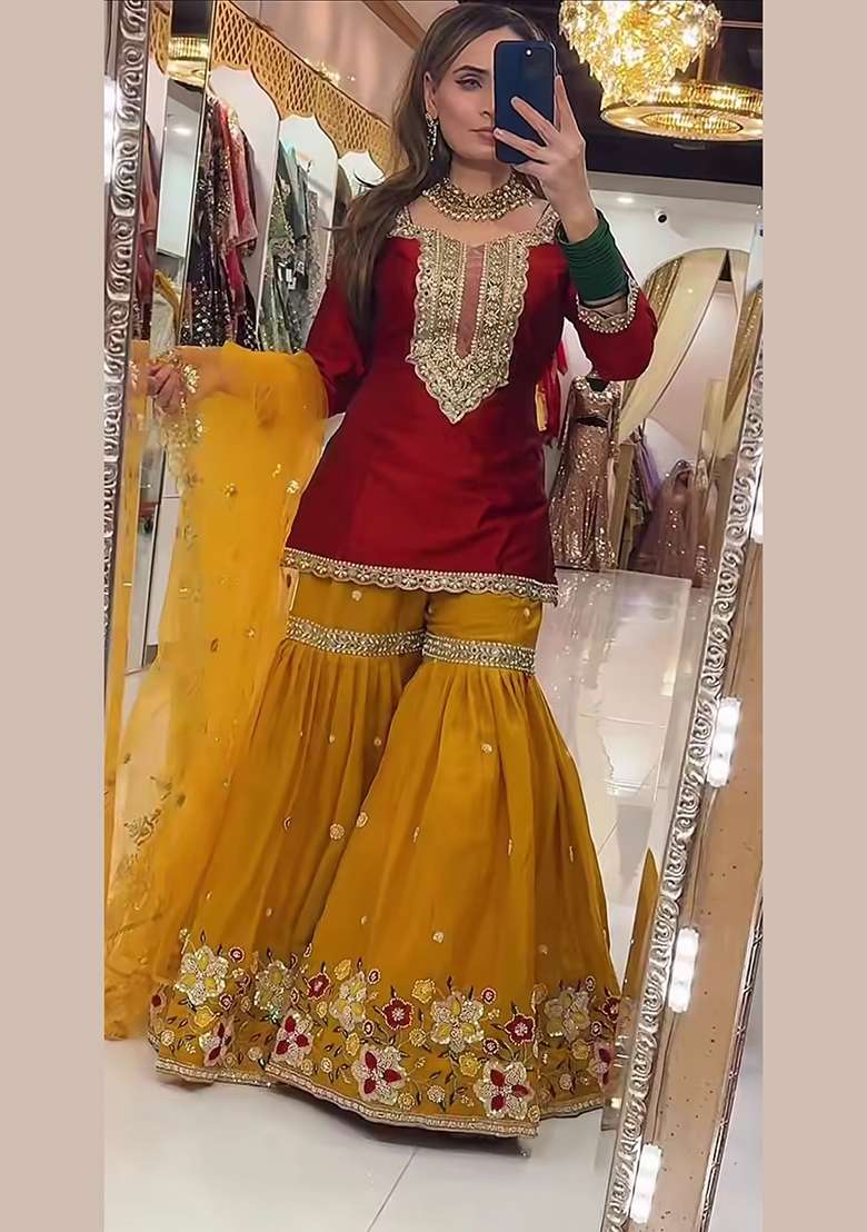 Red Embroidery Georgette Sharara Set - Indya