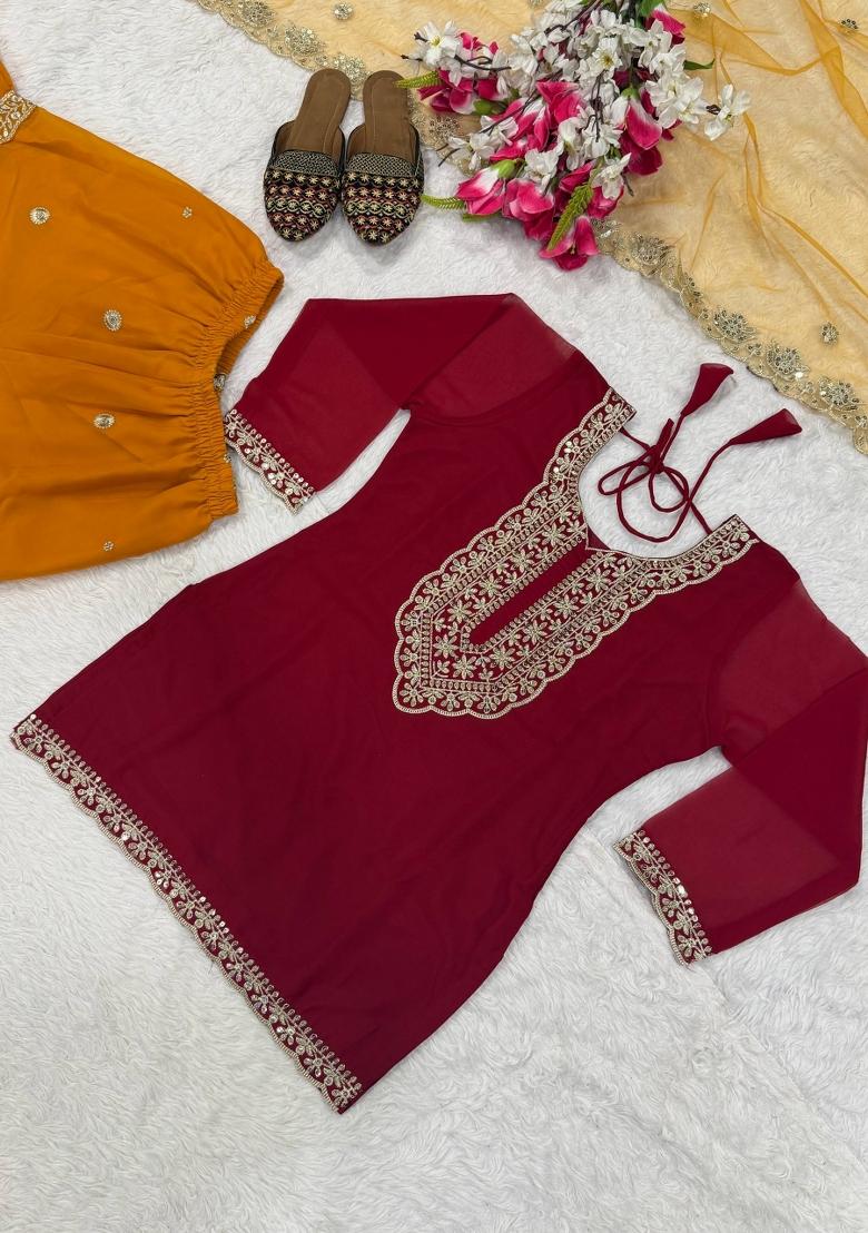 Red Embroidery Georgette Sharara Set - Indya
