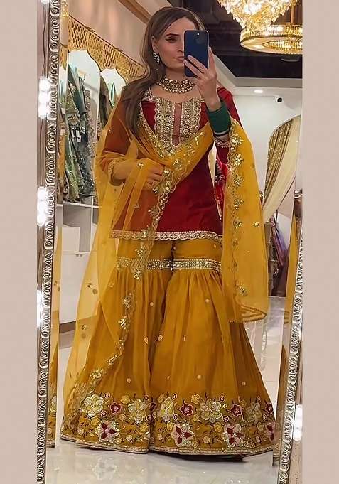 Red Embroidery Georgette Sharara Set