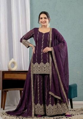 Wine Embroidery Silk Sharara Set