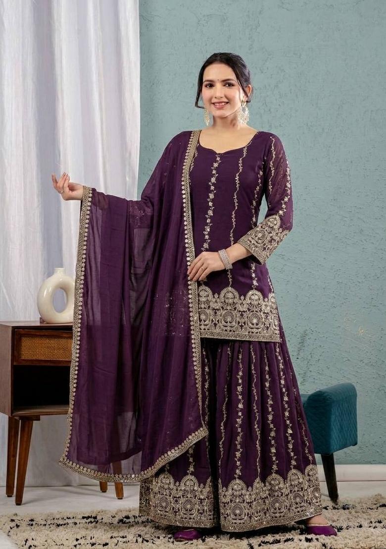 Wine Embroidery Silk Sharara Set - Indya