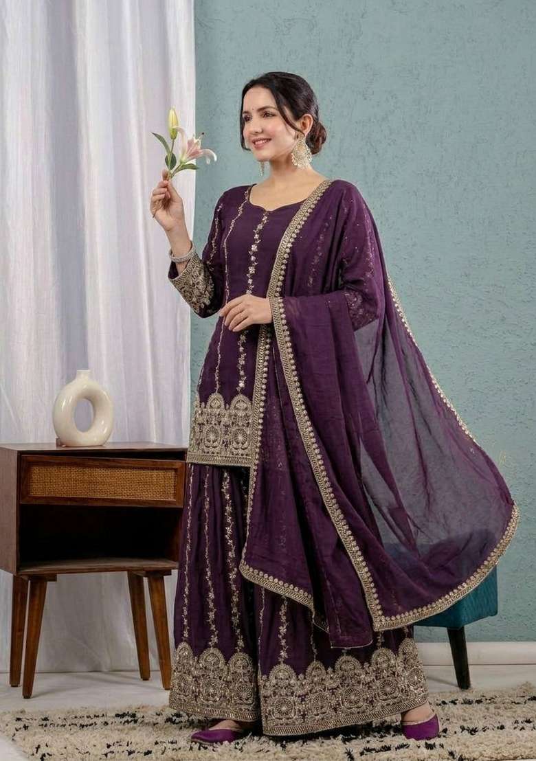 Wine Embroidery Silk Sharara Set - Indya