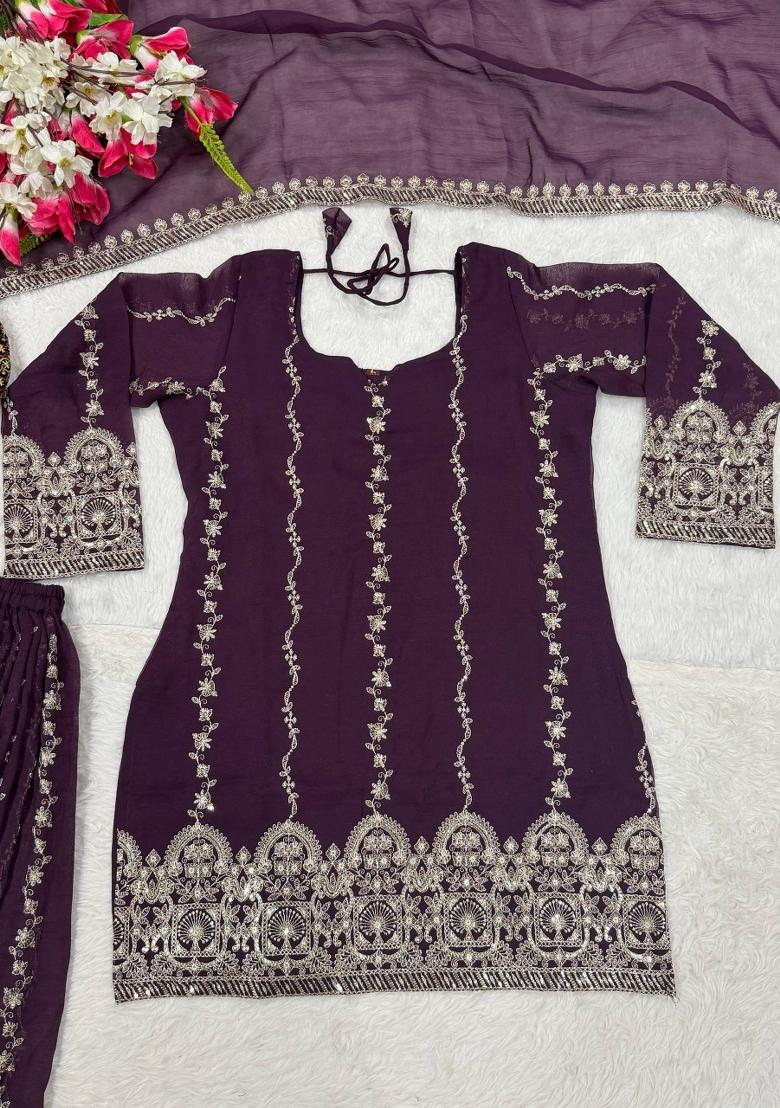 Wine Embroidery Silk Sharara Set - Indya