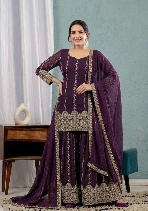 Wine Embroidery Silk Sharara Set