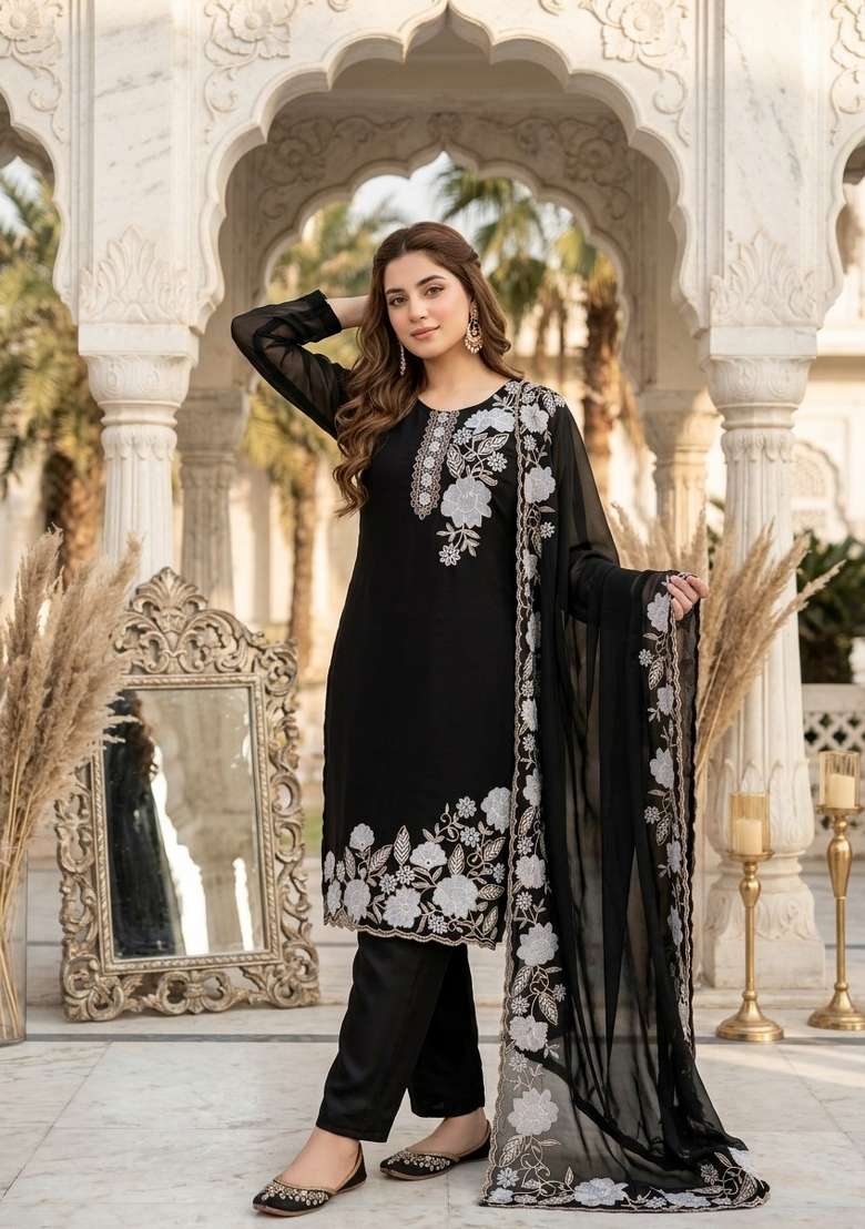 Black Embroidery Georgette Salwar Suit - Indya