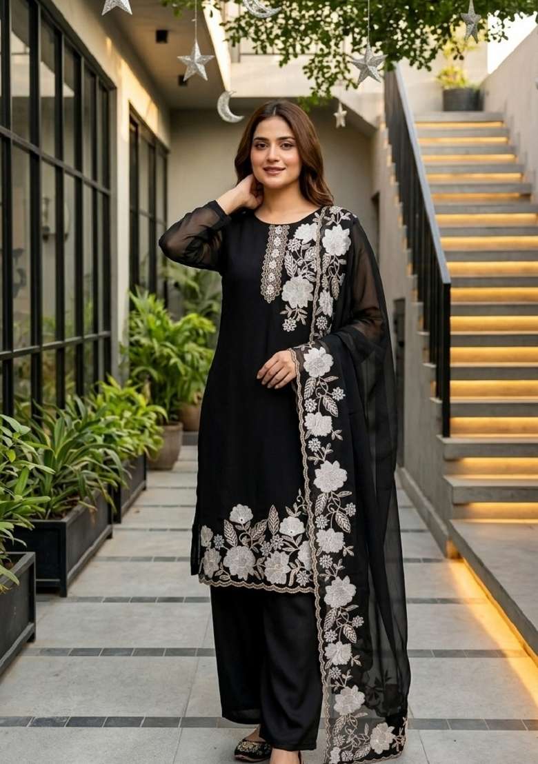 Black Embroidery Georgette Salwar Suit - Indya