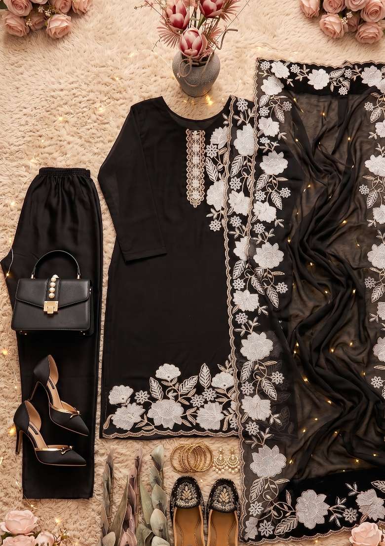 Black Embroidery Georgette Salwar Suit - Indya