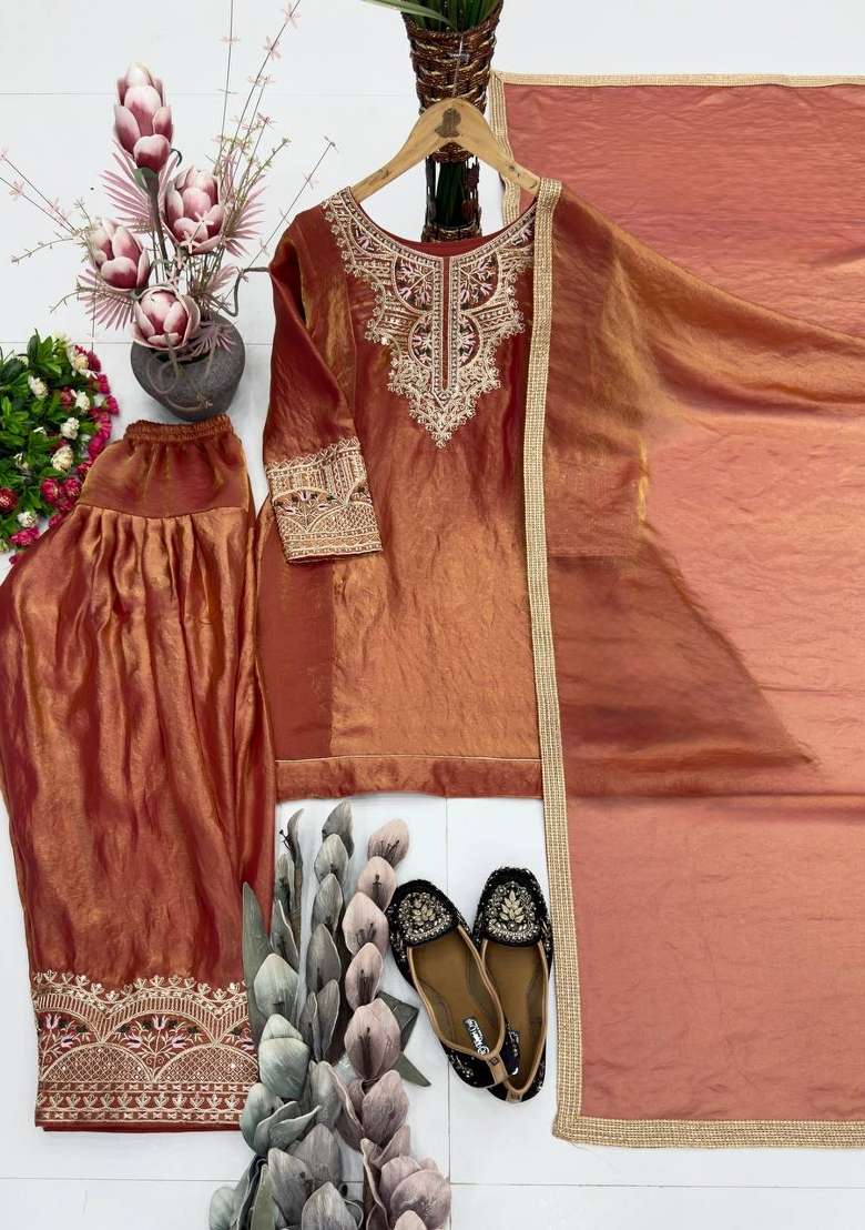 Brown Embroidery Silk Salwar Suit - Indya