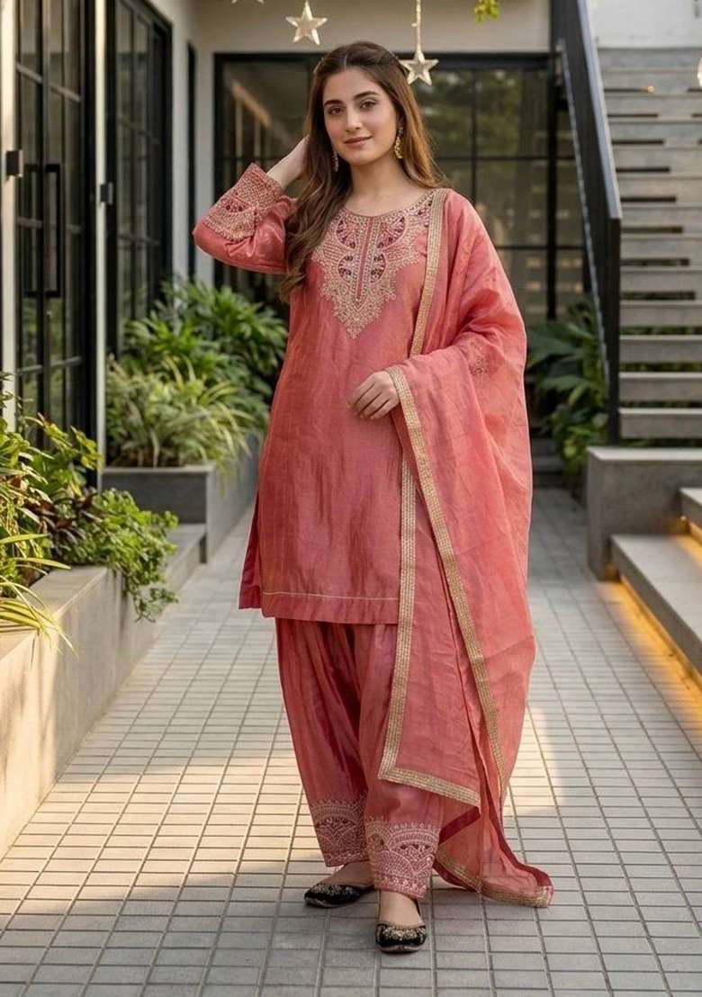 Red Embroidery Silk Salwar Suit - Indya