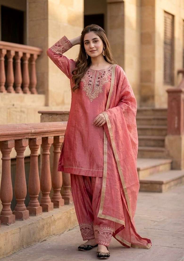 Red Embroidery Silk Salwar Suit - Indya