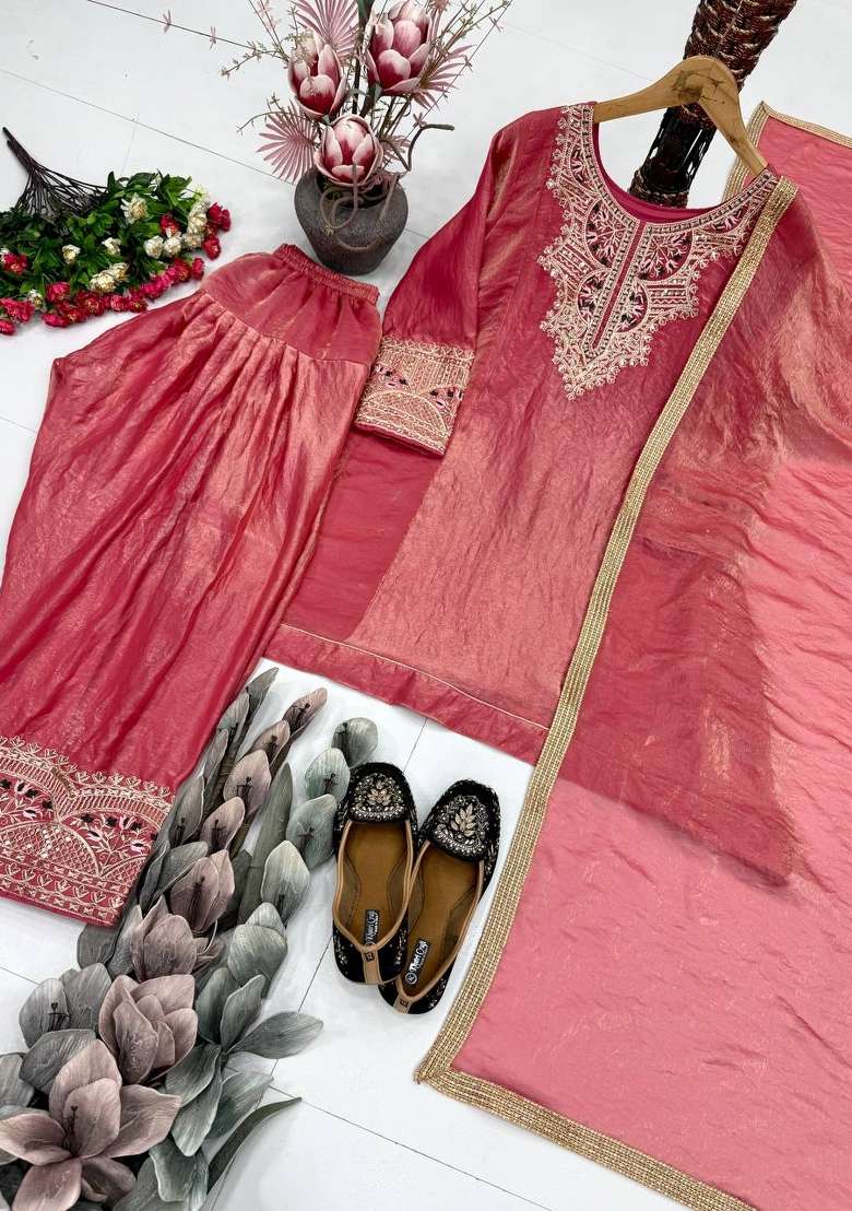 Red Embroidery Silk Salwar Suit - Indya
