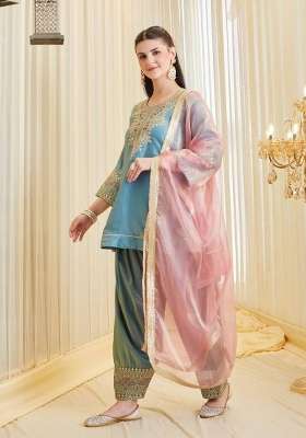 Sky Blue Embroidery Silk Salwar Suit
