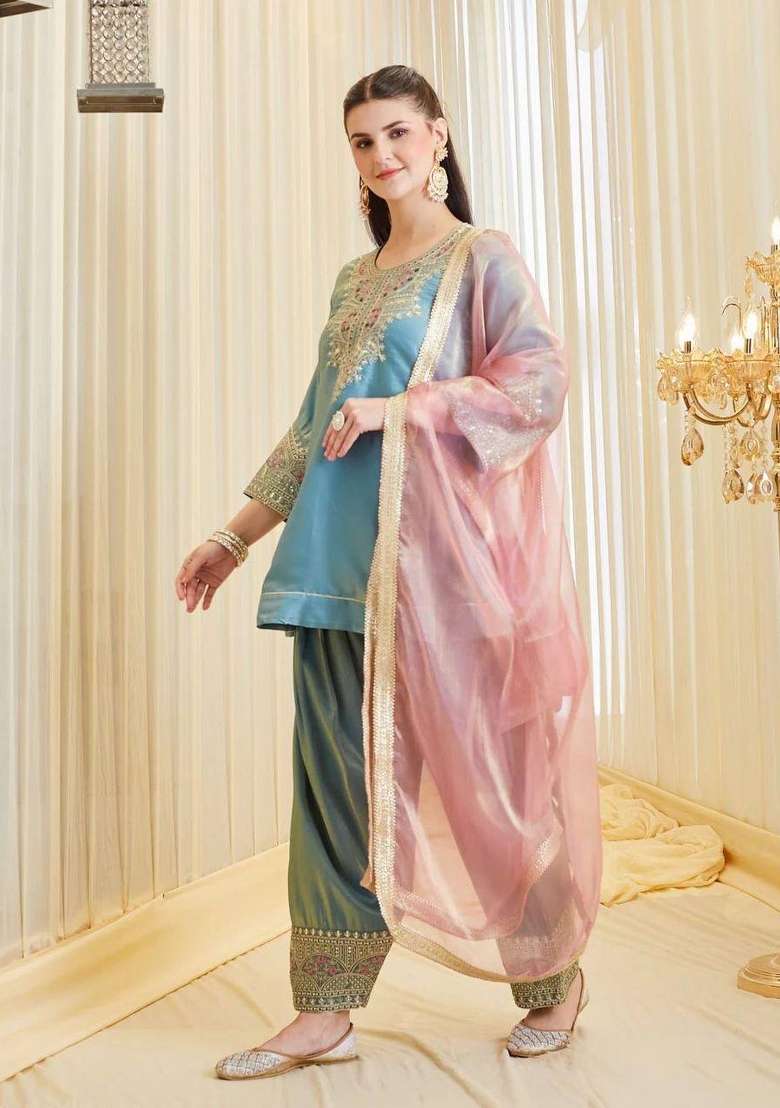 Sky Blue Embroidery Silk Salwar Suit - Indya