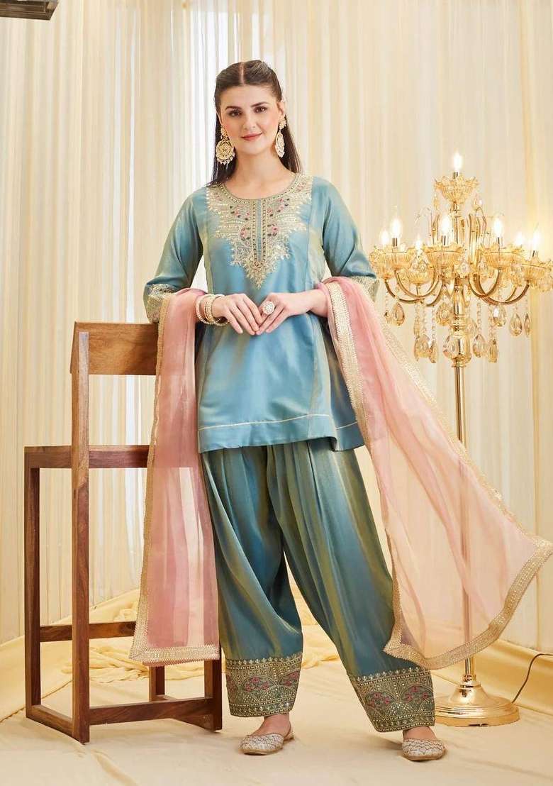 Sky Blue Embroidery Silk Salwar Suit - Indya