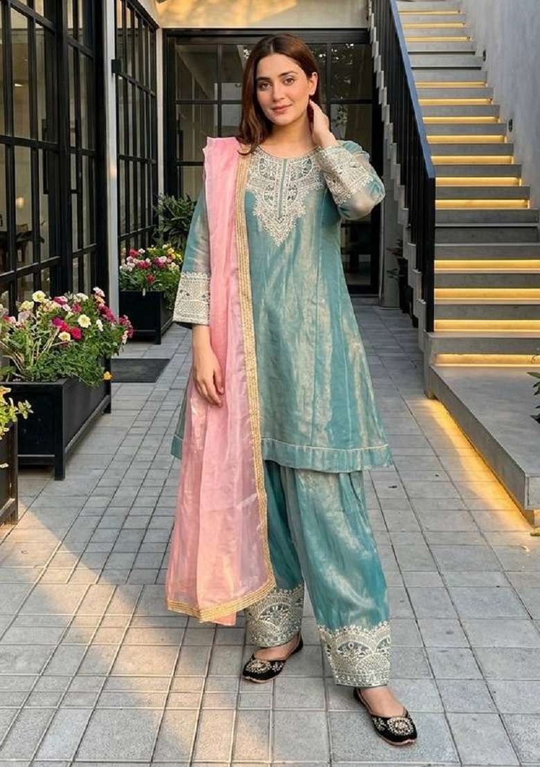 Sky Blue Embroidery Silk Salwar Suit - Indya