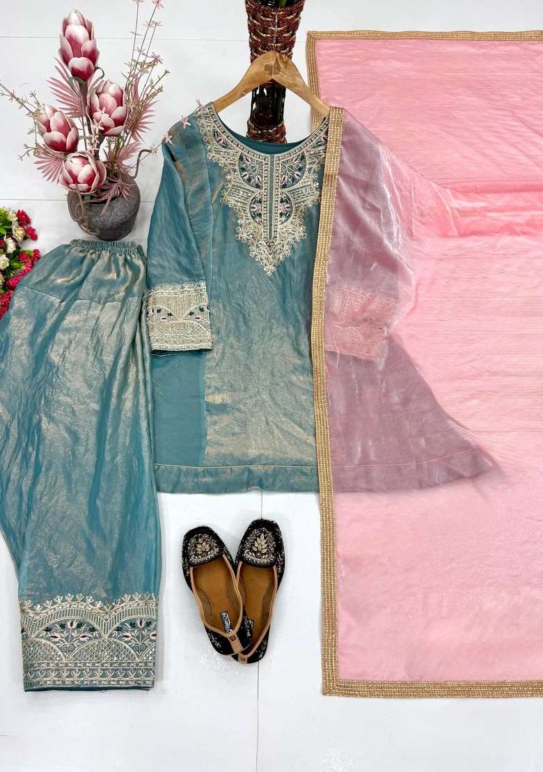 Sky Blue Embroidery Silk Salwar Suit - Indya