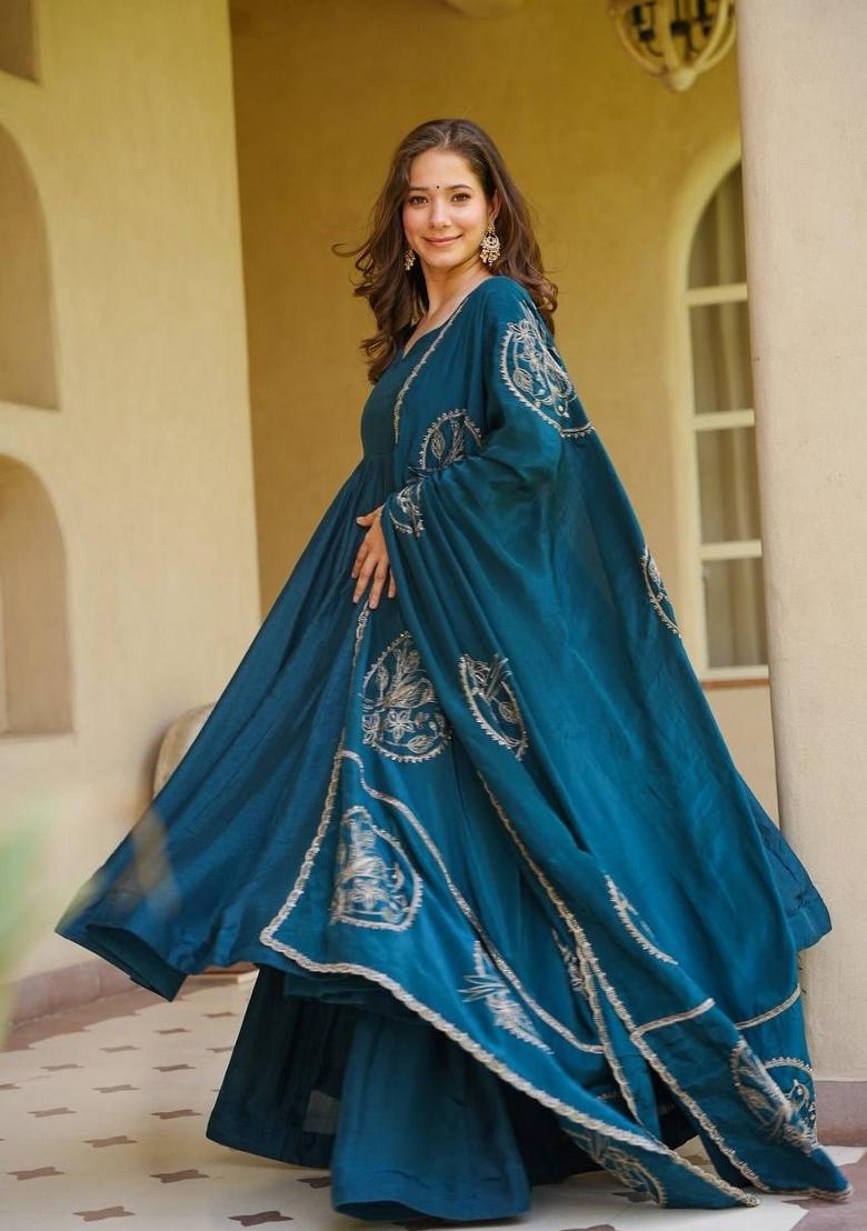Blue Embroidery Silk Anarkali Set - Indya