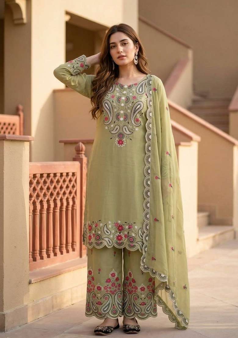 Mehendi Embroidery Silk Salwar Suit - Indya