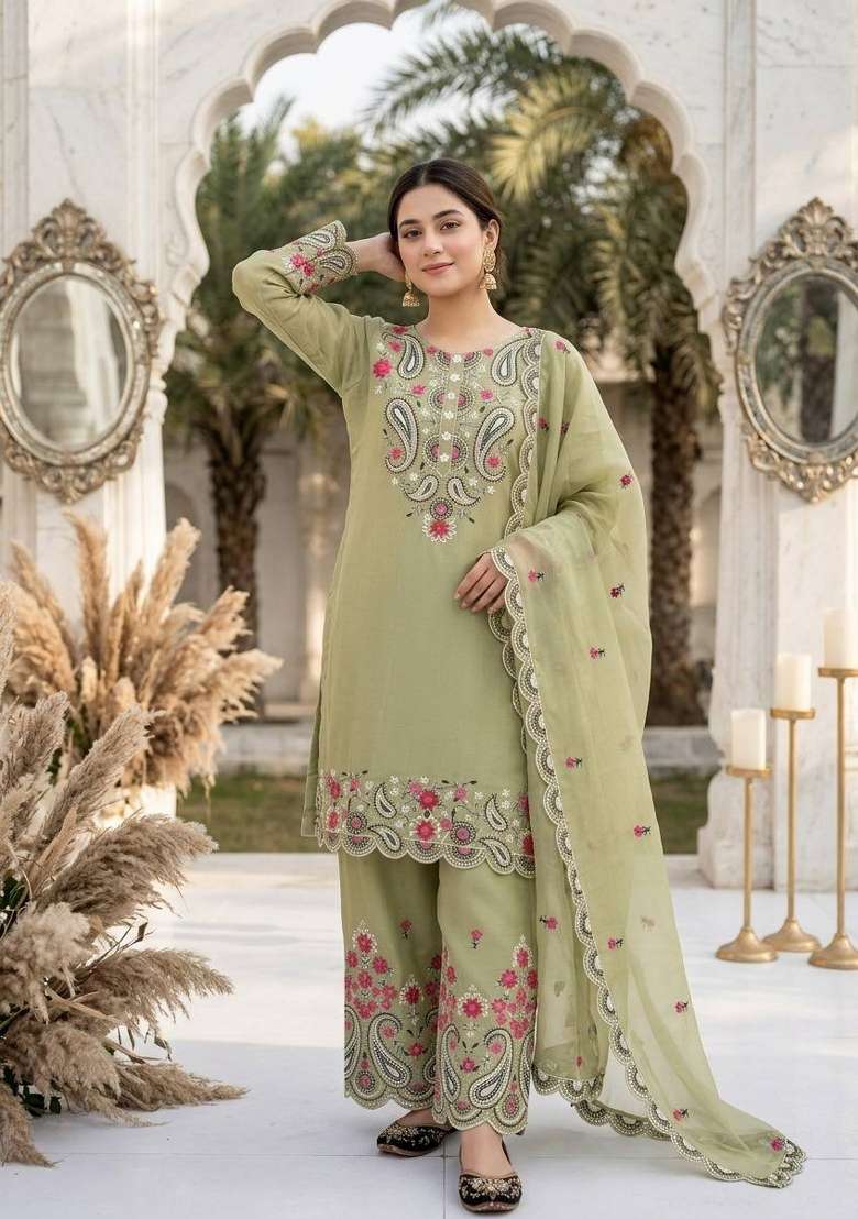 Mehendi Embroidery Silk Salwar Suit - Indya