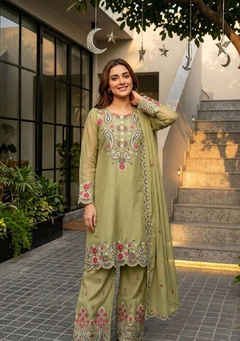 Mehendi Embroidery Silk Salwar Suit - Indya