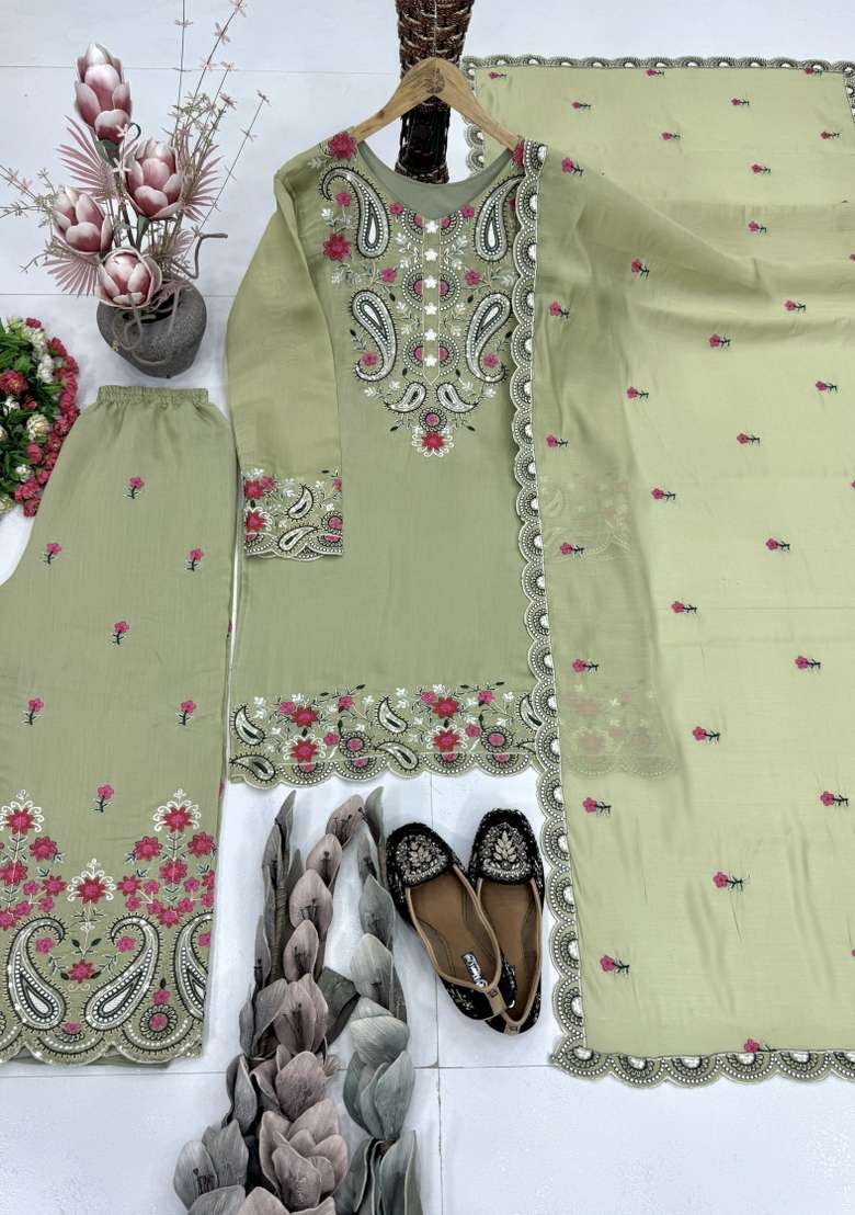 Mehendi Embroidery Silk Salwar Suit - Indya